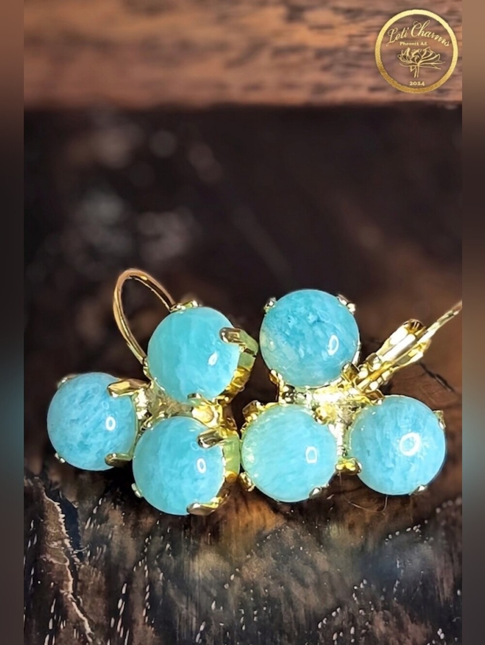 Natural Peruvian Blue Amazonite In A Classic Three-Stones Gold Plated Earrings